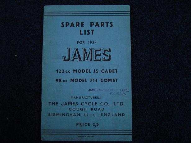 JAMES 122cc J5 CADET 98cc J11 COMET 1954 motorcycle spare parts list